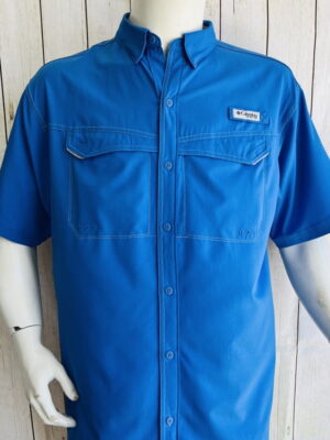 a mannequin wearing a blue shirt